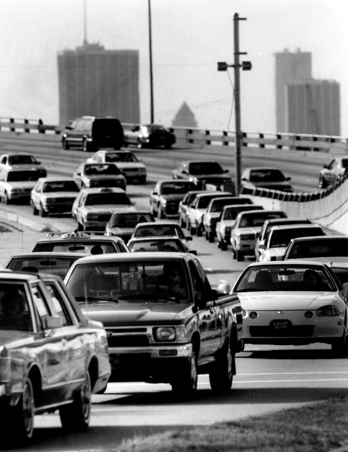 Traffic backs up in 1993 across the east bridge of the MacArthur Causeway behind the light at Alton Road in Miami Beach.