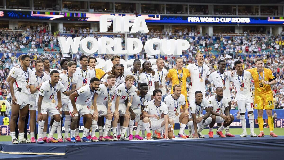 England players gather for a photo after winning their FIFA World Cup 2026 third-place soccer match against France at Hard Rock Stadium (Miami Stadium) on Saturday, July 18, 2026 in Miami Gardens, Fla.
