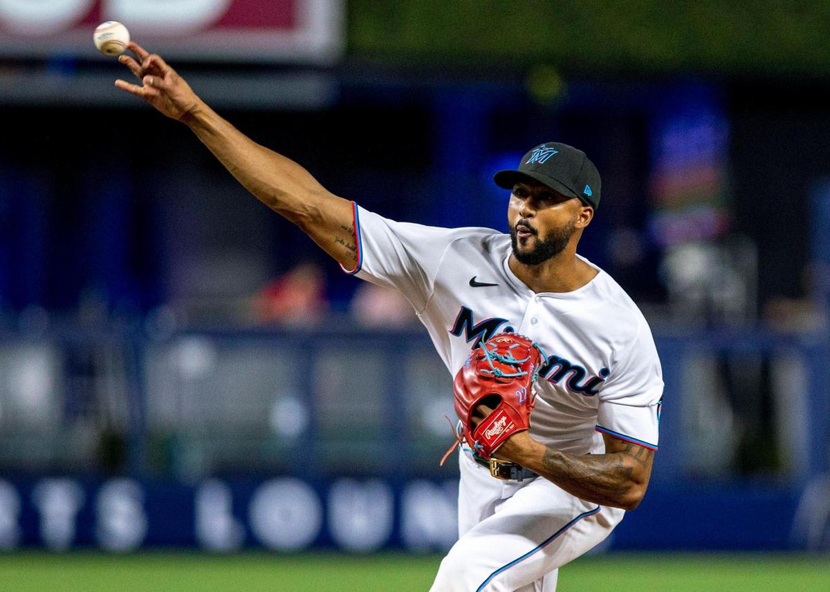 Miami Marlins pitcher Sandy Alcantara (22) throws the ball during the first inning of an MLB game against the Philadelphia Phillies at loanDepot park in the Little Havana neighborhood of Miami, Florida, on Tuesday, September 13, 2022.
