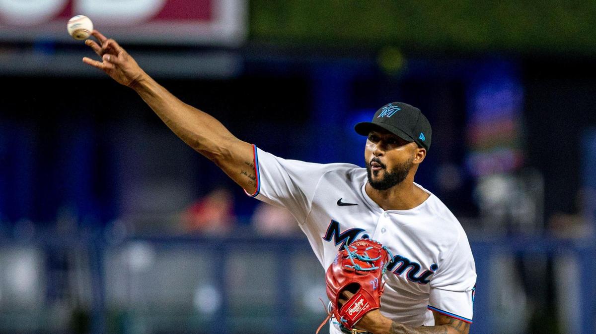 Miami Marlins pitcher Sandy Alcantara (22) throws the ball during the first inning of an MLB game against the Philadelphia Phillies at loanDepot park in the Little Havana neighborhood of Miami, Florida, on Tuesday, September 13, 2022.