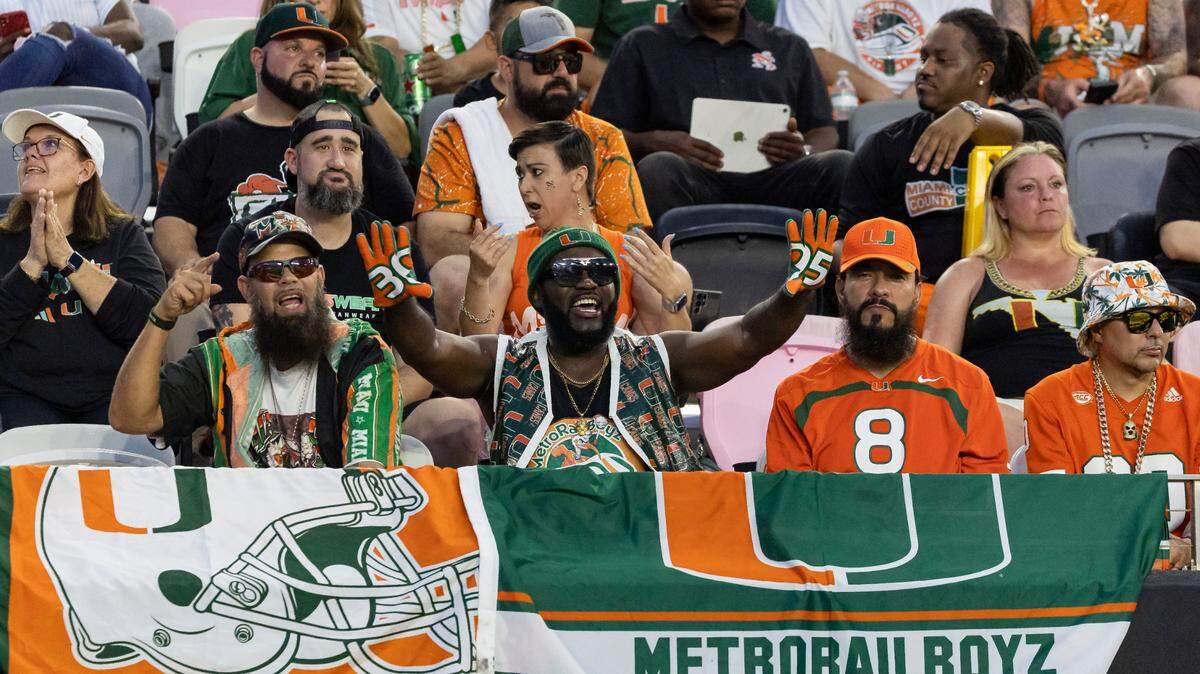 Miami Hurricanes fans watch their team play during a spring game at DRV PNK Stadium on Friday, April 14, 2023, in Fort Lauderdale, Fla.