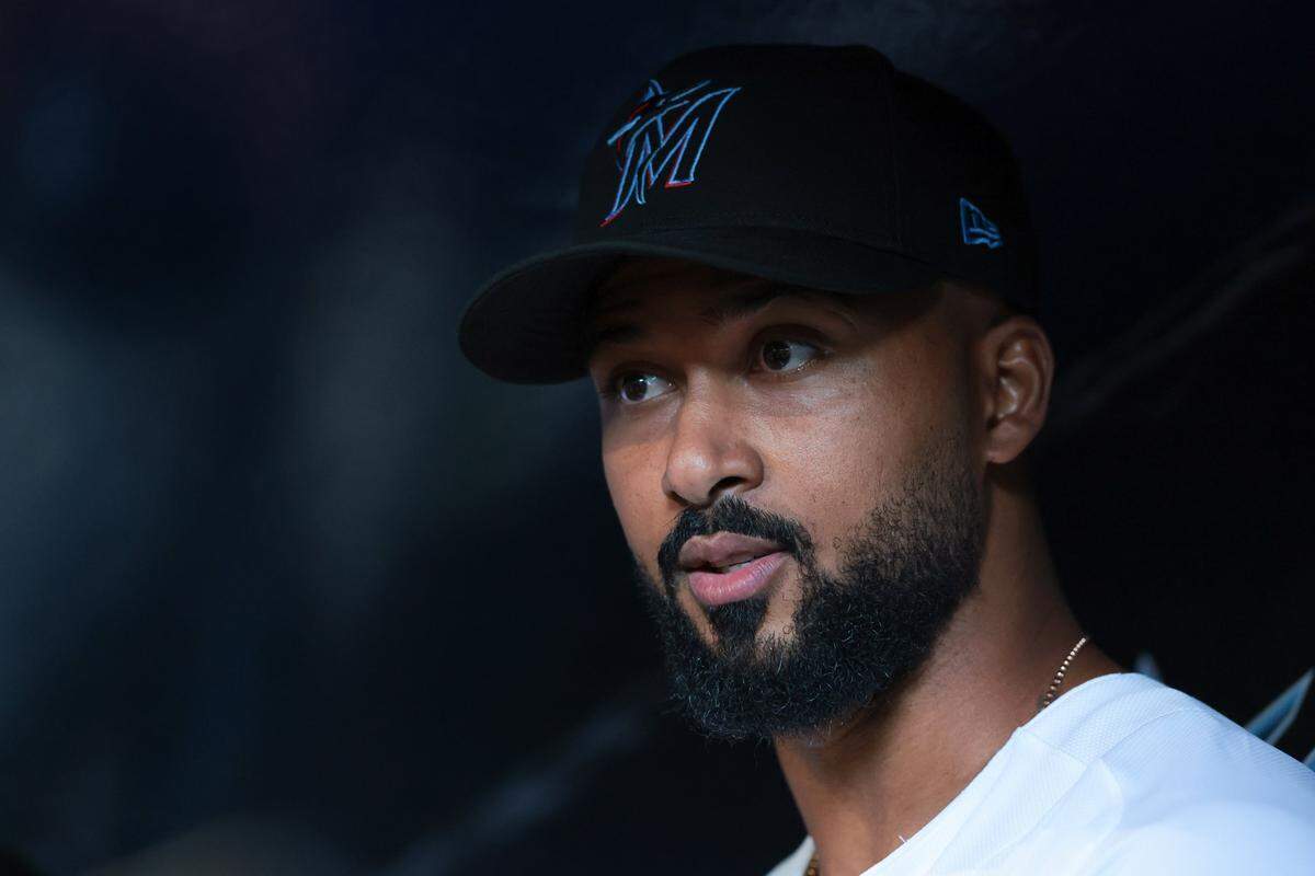 Miami Marlins pitcher Sandy Alcantara (22) speaks to reporters during media day at loanDepot park on Friday, Feb. 6, 2026, in Miami, Fla.