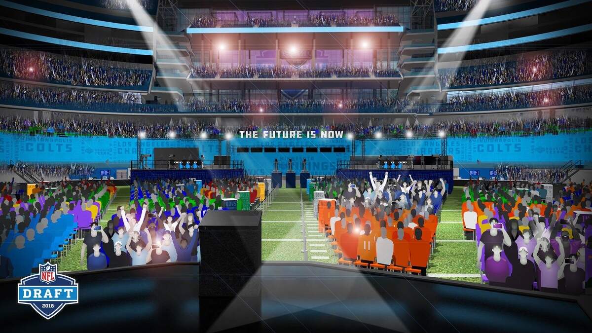 This computer rendering provided by the NFL shows the on stage view of the proposed NFL Draft at AT&T Stadium in Arlington, Texas. The NFL is bringing its Big D, the draft, to Dallas Cowboys owner Jerry Jones' palace. This draft, the first in a stadium, will pay homage in so many ways to the cliche that everything is bigger in Texas.