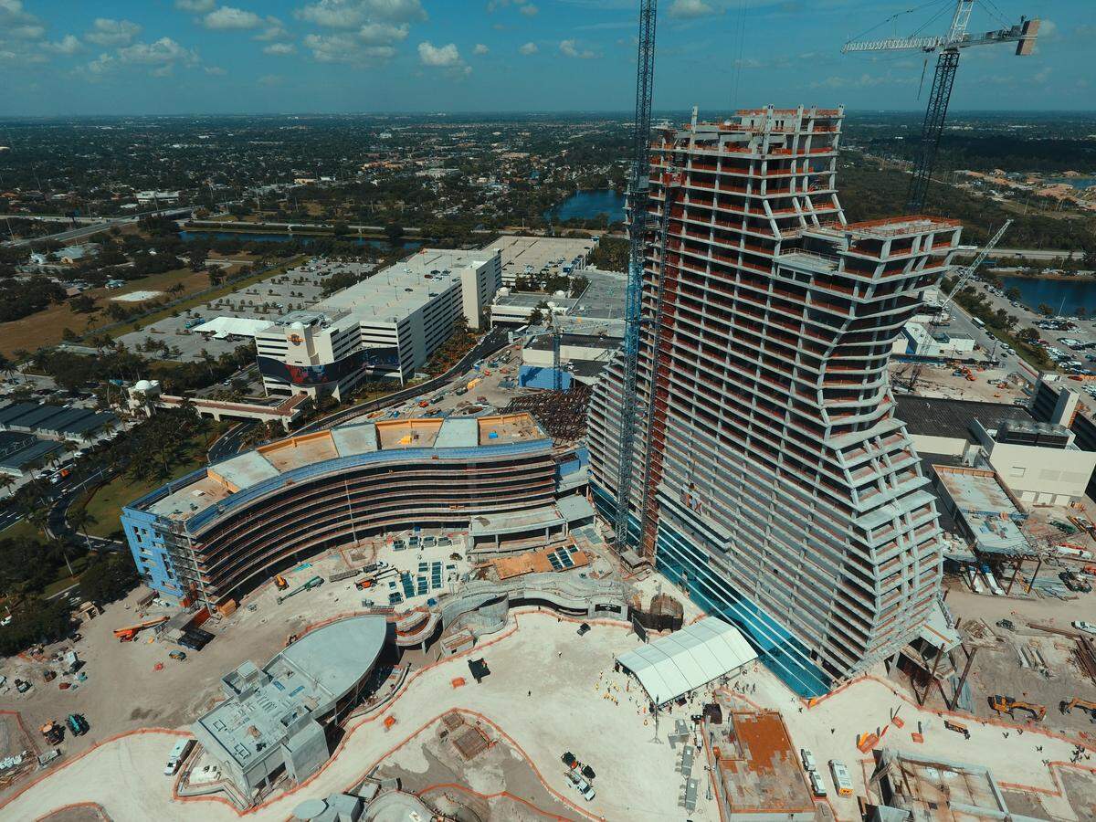 Drone image of the progress of construction at the Seminole Hard Rock Hotel & Casino Hollywood’s new guitar-shaped hotel tower.