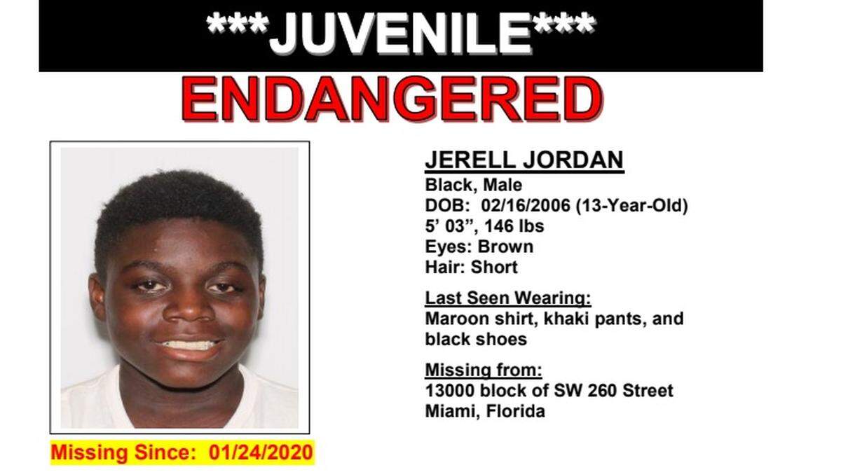 Miami-Dade police need help to find Jerell Jordan, 13, who went missing from his home on the 13000 block of Southwest 260th Street on Jan. 24, 2020. He had a knife and threatened to kill himself police said in an alert released on Jan. 25.