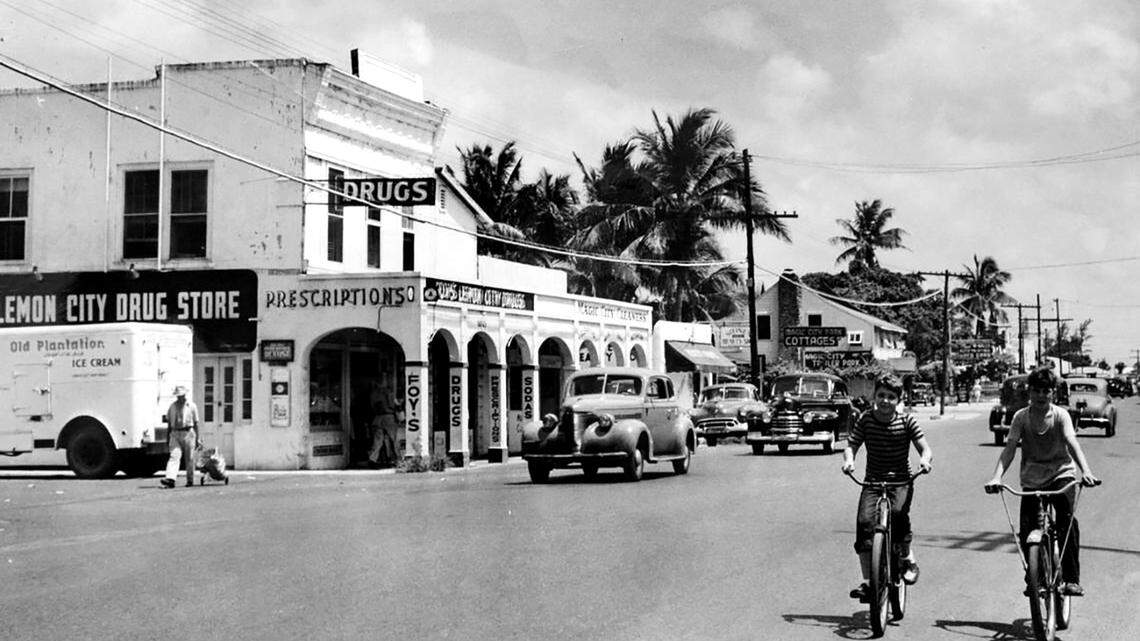 The DuPuis medical office and Lemon City Drug Store, with its characteristic sidewalk arcade on Northeast Second Avenue in Miami, as photographed in 1948.