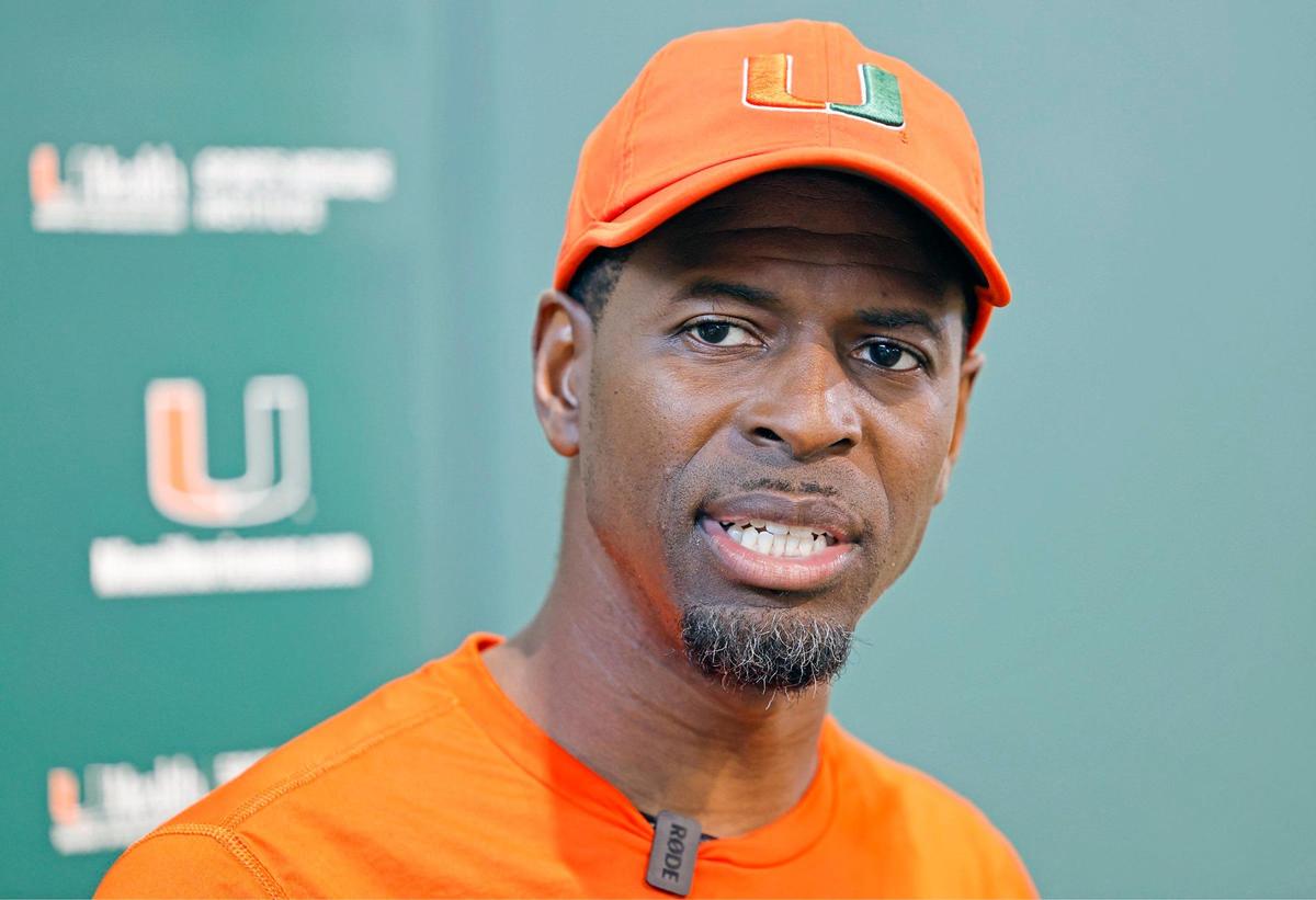 Miami Hurricanes wide receivers coach Kevin Beard speaks to reporters after practice at the Carol Soffer Indoor Practice Facility on the University of Miami campus in Coral Gables on Thursday, March 30, 2023.