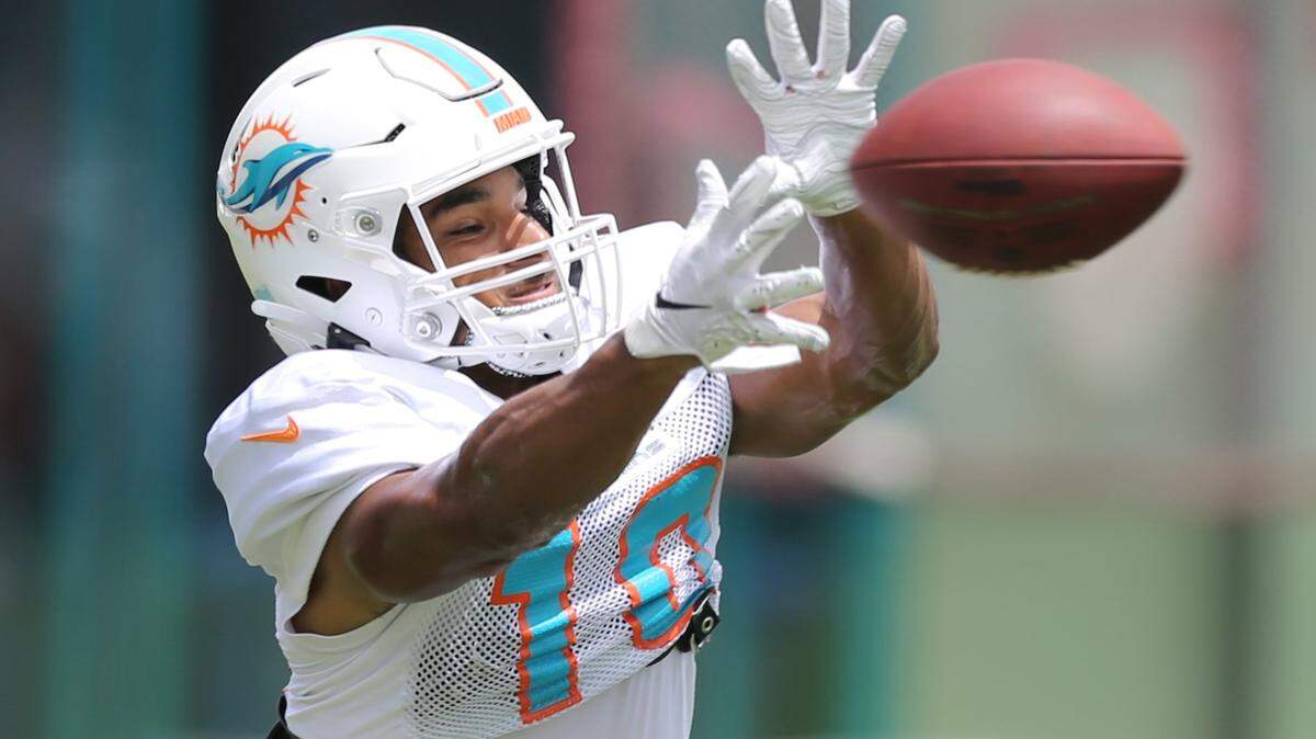 Miami Dolphins running back Malcolm Perry (10) at the Miami Dolphins training facility at Hard Rock Stadium, Miami Gardens, Florida, August 26, 2021.