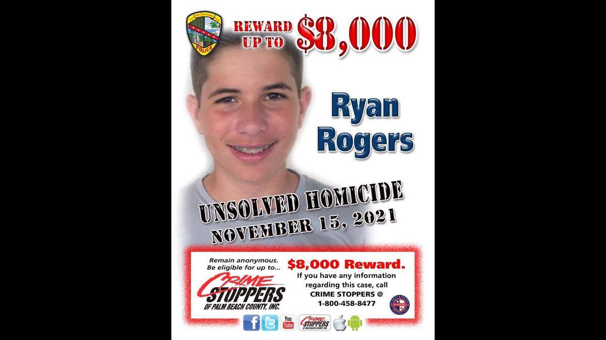 A Crime Stoppers flier seeking the information on the murder of Ryan Rogers, 14, who lived in Palm Beach Gardens.
