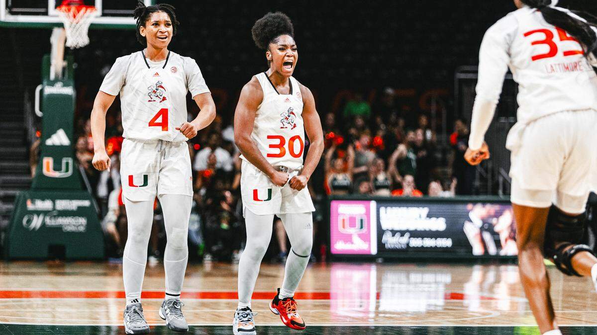 University of Miami guard Shayann Day-Wilson celebrates a first-half basket against Georgia Tech. Day-Wilson scored 21 points in the first half and finished with a career-high 27 points in a 71-66 overtime loss.