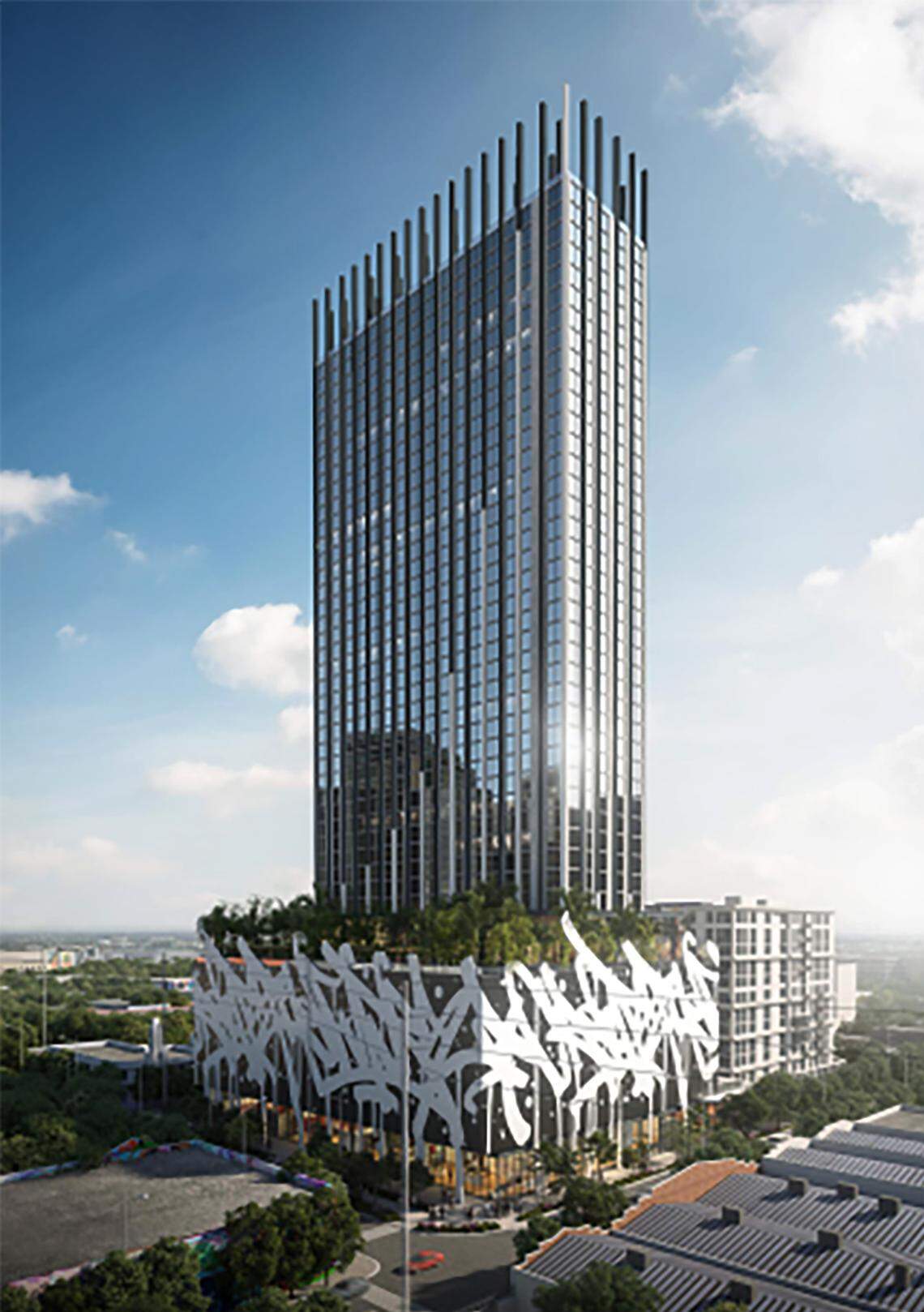 A rendering of a 48-story tower that would rise in Wynwood under the state Live Local Act. Members of the Wynwood Design Review Committee said they have no ability under the Live Local pre-emption rules to address the project’s size and scope, even though most felt it was wildly out of scale with the neighborhood.