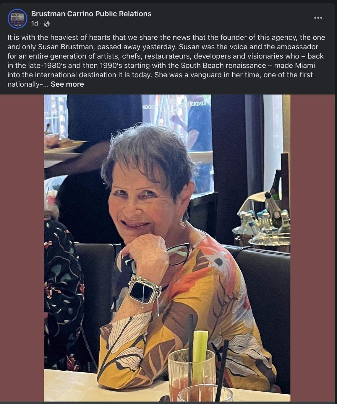 Brustman Carrino Public Relations’ Facebook tribute post on Sept. 18, 2024, about the death of the South Florida firm’s founder, Susan Brustman.