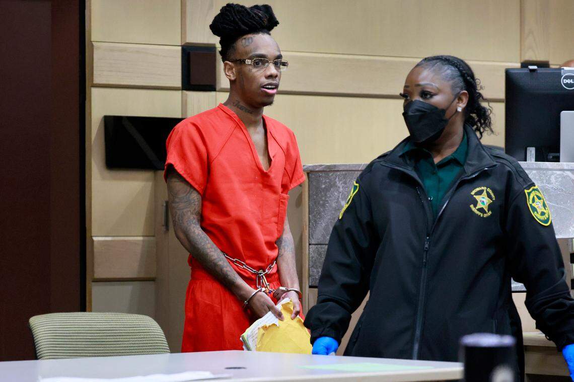 Jamell Demons, better known as rapper YNW Melly appears before Broward Circuit Judge John Murphy for a bond hearing on Friday, September 15, 2023. His previous trial ended in a mistrial after the jury was deadlocked and unable to reach a verdict in July 2023. Demons, 24, is accused of killing two fellow rappers and conspiring to make it look like a drive-by shooting in October 2018. (Mike Stocker/South Florida Sun Sentinel)