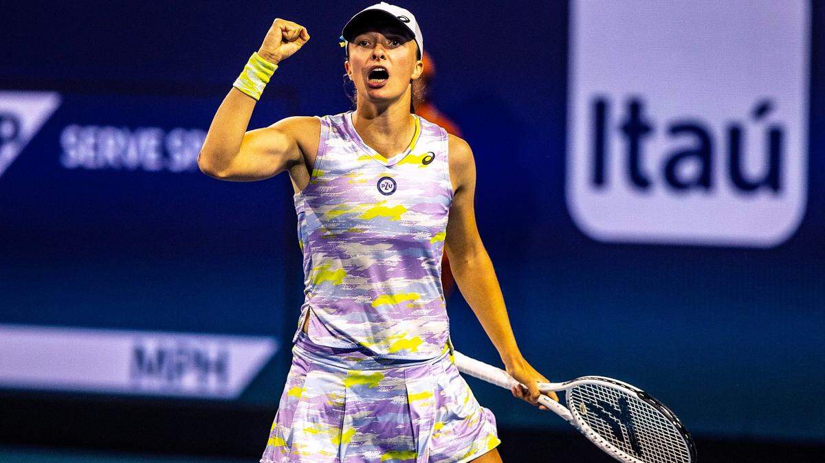 Iga Swiatek of Poland reacts after winning against Viktorija Golubic of Switzerland (6-2, 6-0) in the womens singles 2nd round to become the WTA number one player at the Miami Open 2022 taking place at the Hard Rock Stadium in Miami Gardens, Florida. on Friday March 25, 2022,