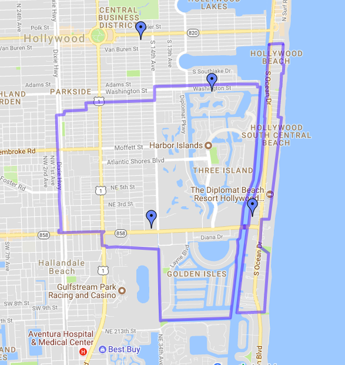 Hallandale Beach’s two eruvs. The eruv on the barrier island was broken after the city renovated the sidewalks near the oceanfront.