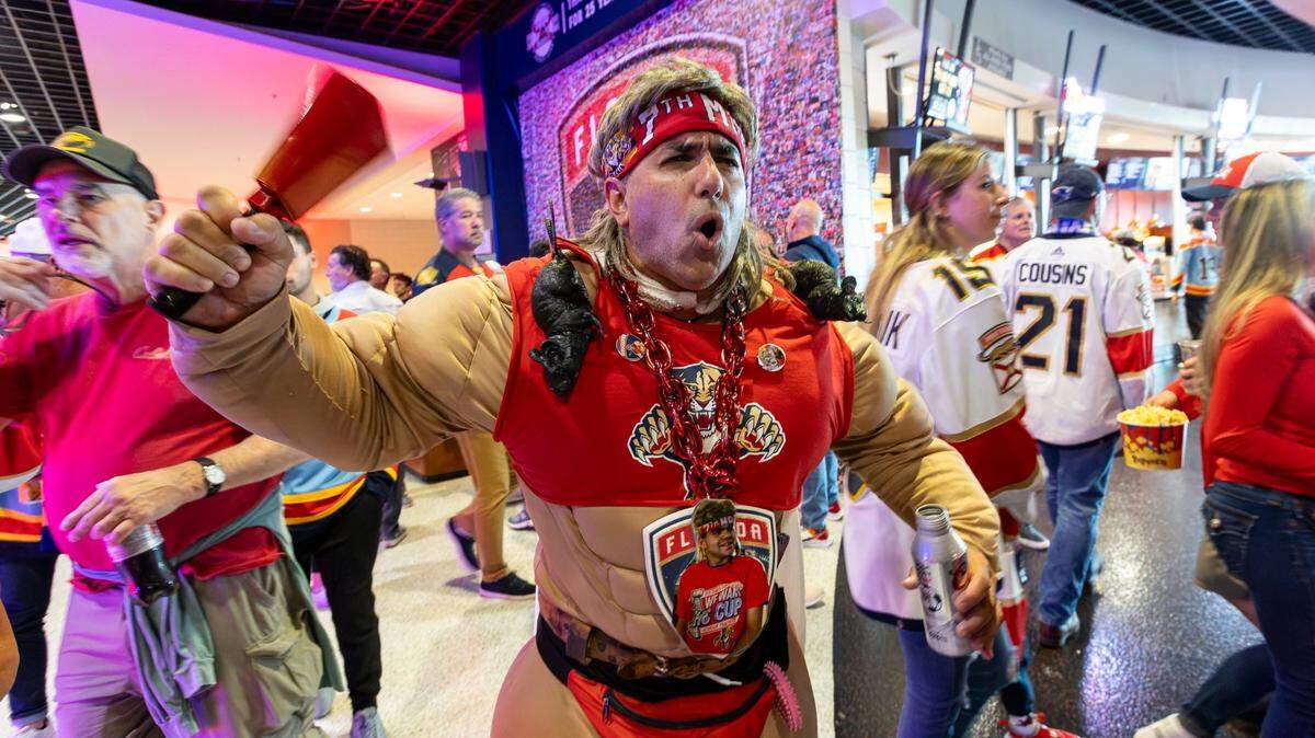 Rob Veglia, 54, reacts as he arrives to Amerant Bank Arena before his team plays against the Edmonton Oilers in Game 5 of the NHL Stanley Cup Final
