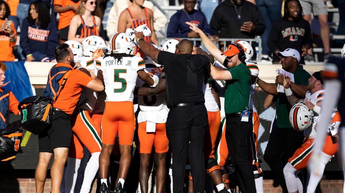 Miami players mob quarterback Jake Garcia after his two-point scoring run in the fourth overtime of an NCAA college football game against Virginia in Charlottesville, Va. on Saturday, Oct. 29, 2022. (Mike Kropf/The Daily Progress via AP)