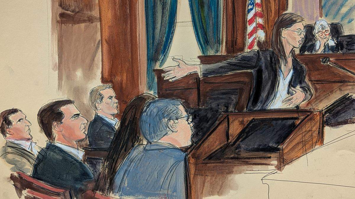In this courtroom sketch, assistant U.S. Attorney Madison Smyser gestures to Alon Alexander, Oren Alexander and Tal Alexander as she presents her opening statement with Judge Valerie Caproni presiding on the bench in Manhattan federal court on the first day of the Alexander brothers' sex trafficking trial, Tuesday, Jan. 27, 2026, in New York. (Elizabeth Williams via AP)