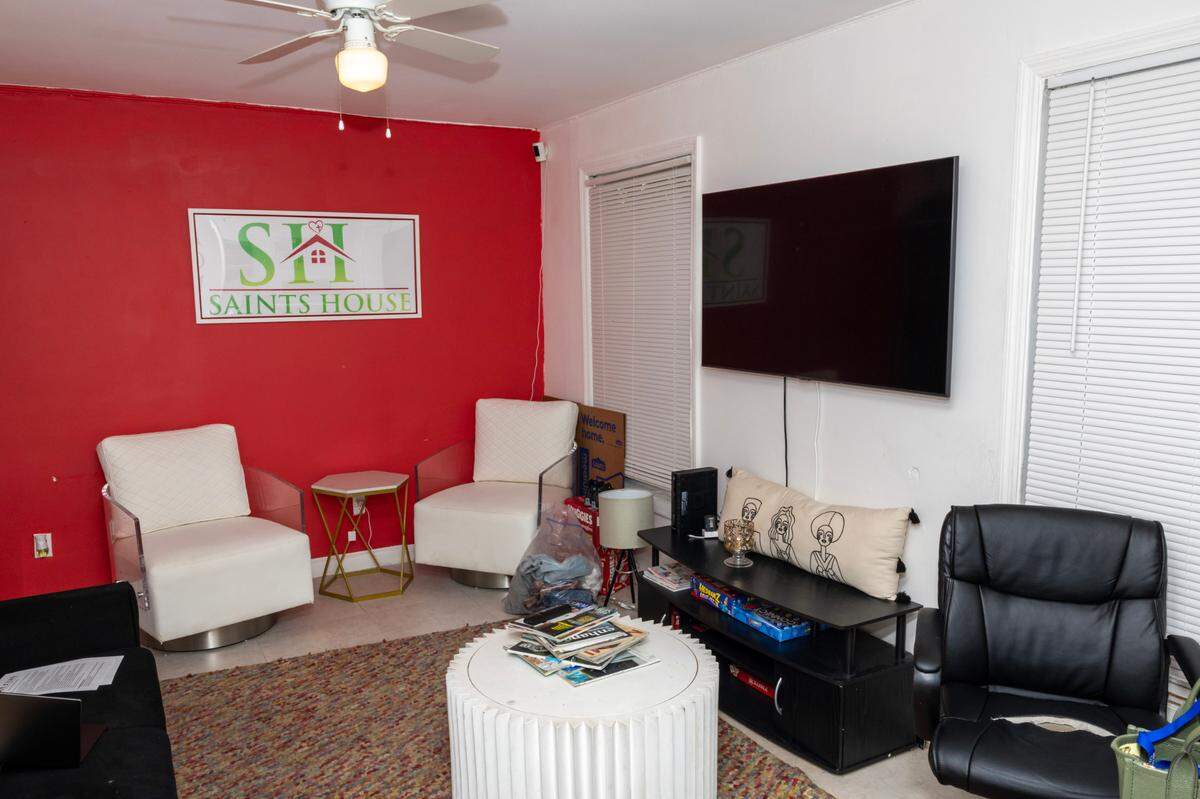 The shared living room at Saint House on Monday, October 21, 2024, in Miami, Fla. Saints House is a transitional housing program for those aging out of foster care.