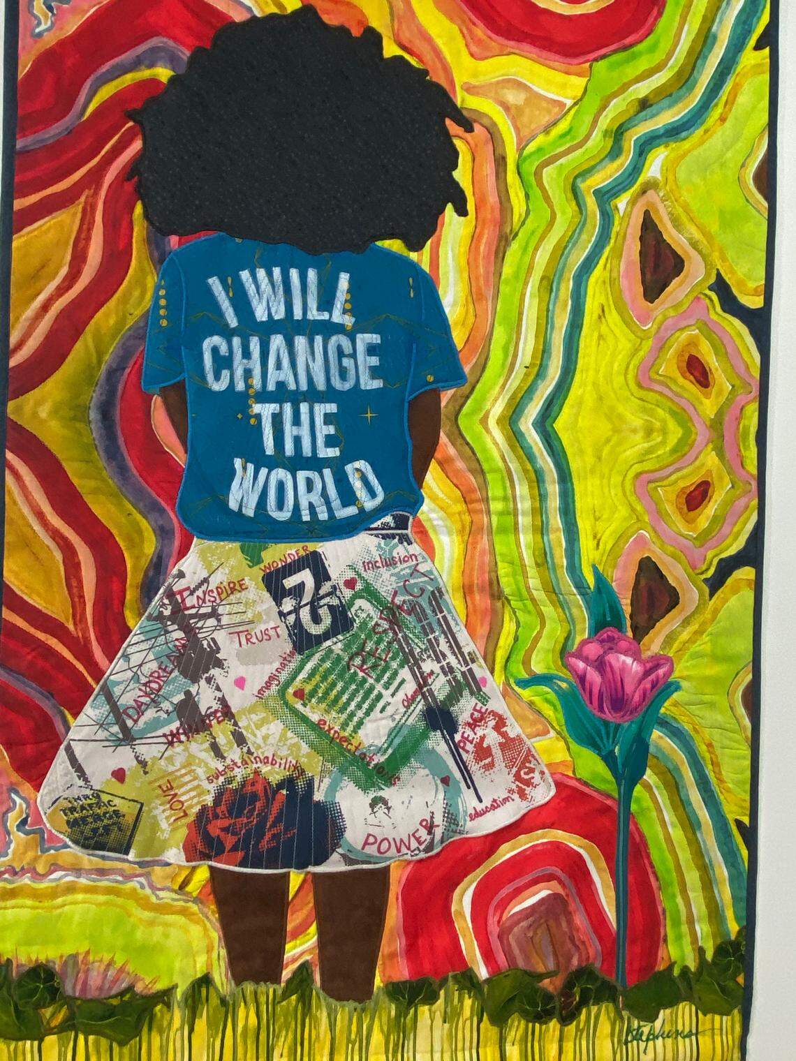 Phyllis Steven’s hand-made tapestry made of sustainable fabric, the booth of Richard Bevers gallery at PRIZM art fair, 2019. 