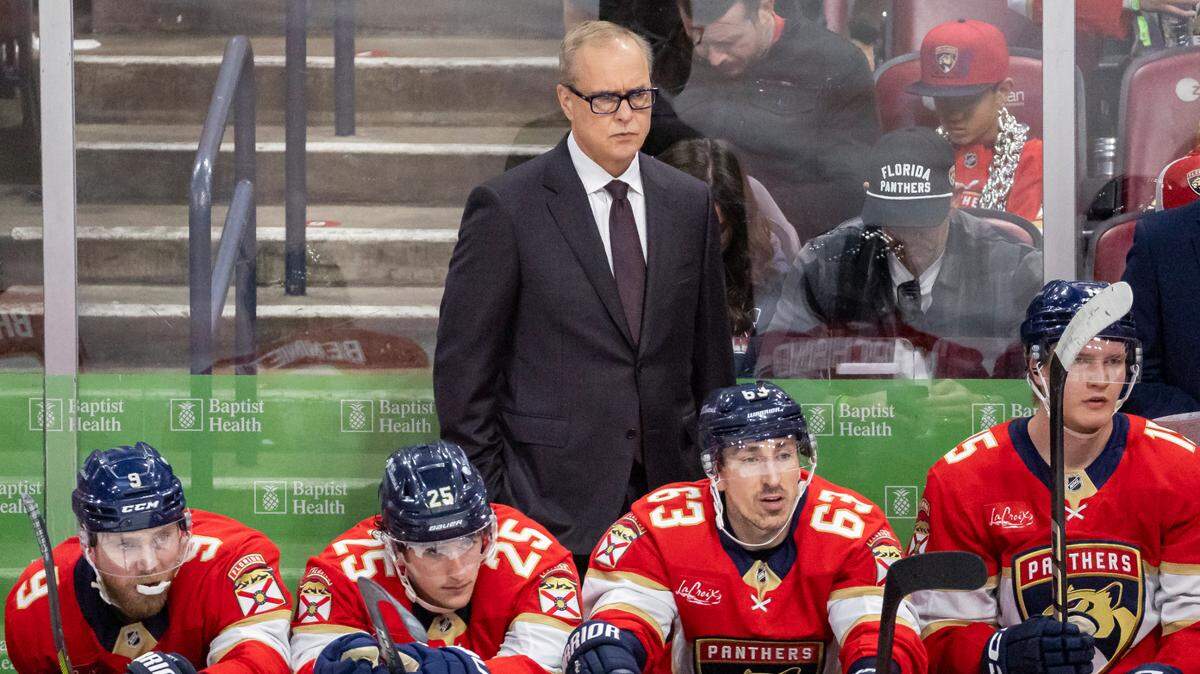Florida Panthers head coach Paul Maurice watches his team play against the Utah Hockey Club in the second period of their NHL game at Amerant Bank Arena on Friday, March 28, 2025, in Sunrise, Fla.