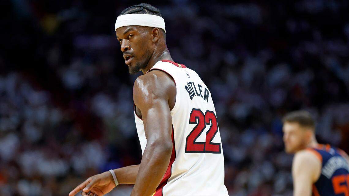 Miami Heat forward Jimmy Butler (22) looks over his should during the game against the New York Knicks in Game 3 of the NBA Eastern Conference Semifinals at the Kaseya Center in Miami on Saturday, May 6, 2023.