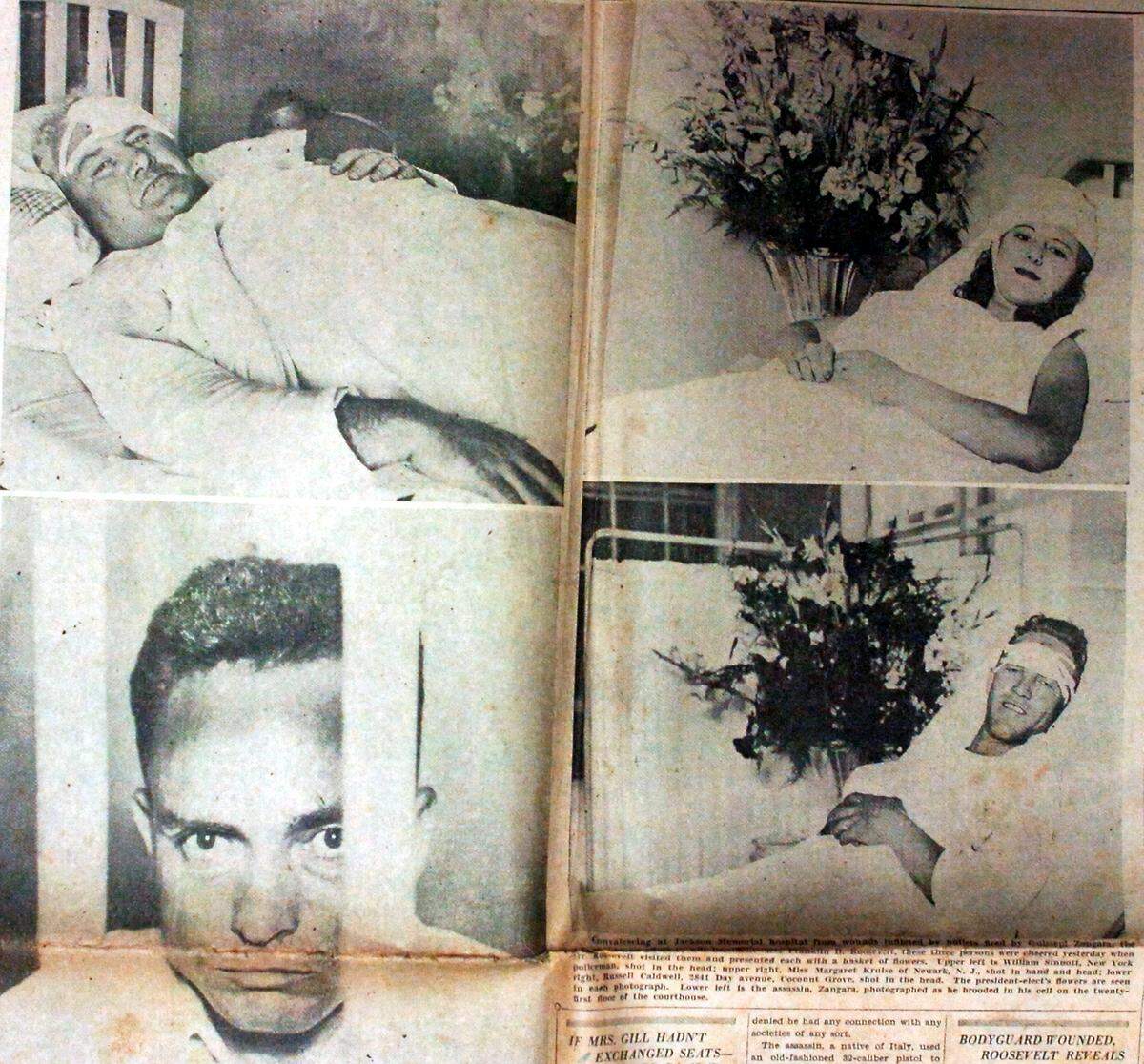 These are picture and articles about the 1933 shooting in Miami. These people were shot: William Sinnott, former New York policeman (top left) Margaret Kruis a Newark dancer (upper right) and Russel Caldwell of Coconut Grove lower right) and the shooter Joe Zangara (lower left)