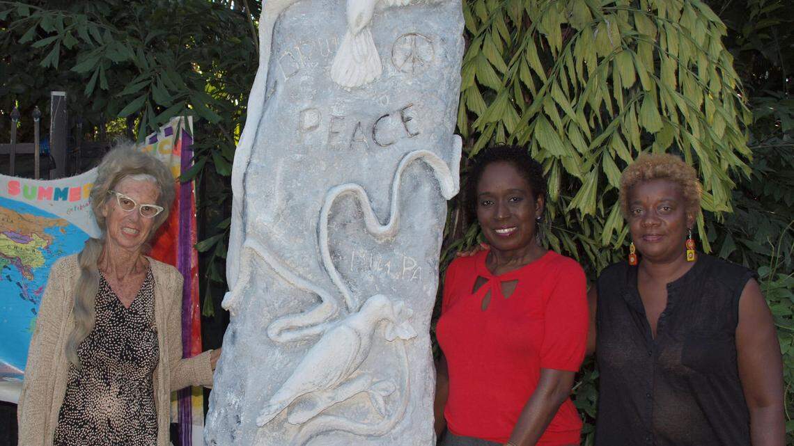 Marjorie York with artists Winsome Bolt and Denise Marlow at the dedication of a Peace Pole and planting of the Peace Meditation Tree by Miami Beach Community Relations Board at Miami Beach Botanical Garden in Miami Beach on Oct. 27, 2013