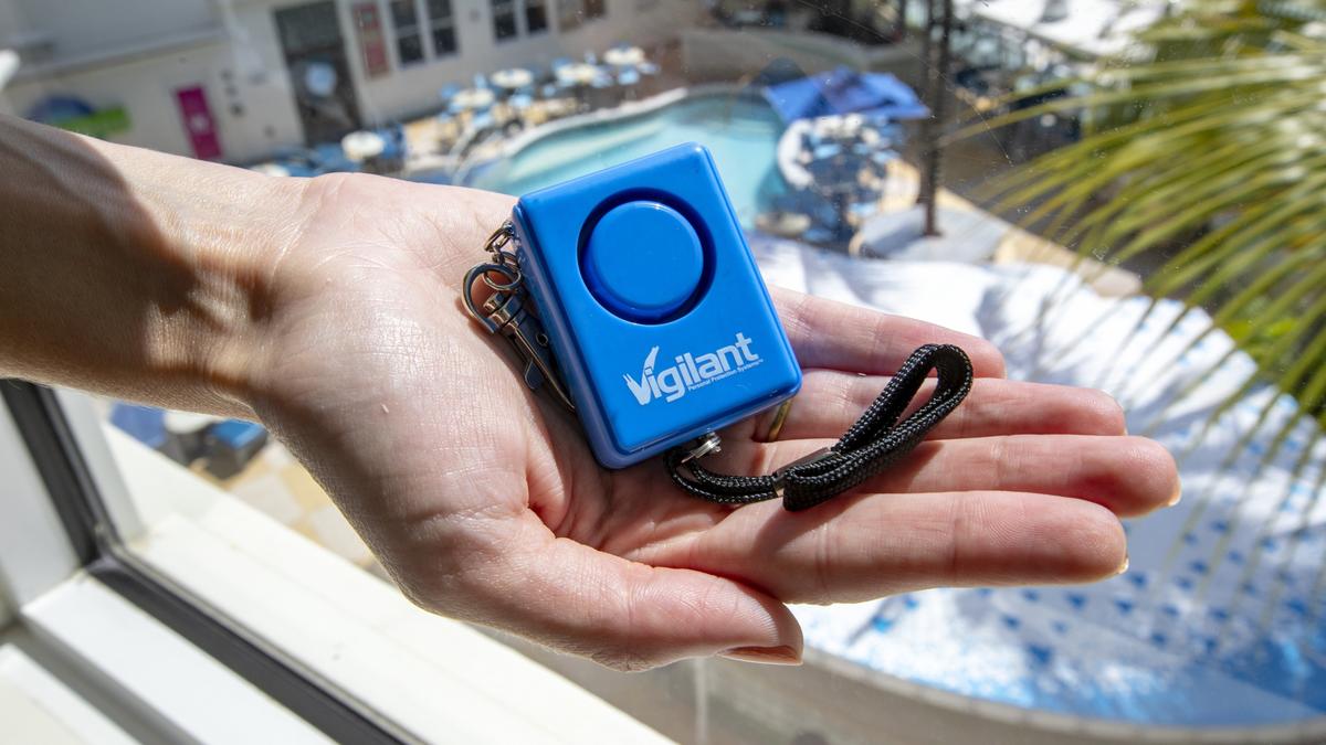 Ahead of Miami Beach’s panic button ordinance that takes effect Sept. 15, some hotels have implemented high-tech panic buttons, while others have opted for lower cost devices such as this $11 Vigilant Personal Alarm in Miami Beach, Florida, on Friday, August 8, 2019.