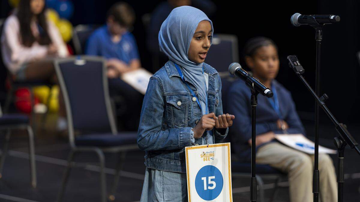 Khadijah labal, a fifth grader from Pembroke Pines Charter Elementary School - Central, competes in the 86th Miami Herald Spelling Bee for Broward County at the Charles F. Dodge City Center on Wednesday, Feb. 25, 2026, in Pembroke Pines, Fla.