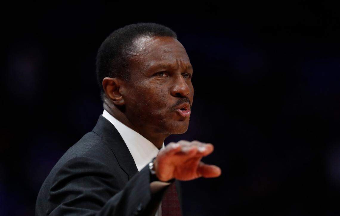 Detroit Pistons head coach Dwane Casey during the first half of an NBA basketball game, Saturday, March 30, 2019, in Detroit.