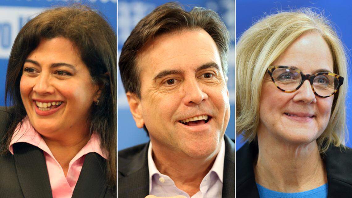Zoraida Barreiro, left, Alex Diaz de la Portilla and Eileen Higgins, right, during a meeting with the Miami Herald Editorial Board about their campaigns for Miami-Dade's District 5 County Commission seat. They're running in a May 22 special election to fill the seat vacated by Barreiro's husband, Bruno Barreiro, to run for Congress.