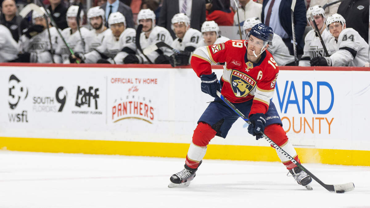 Florida Panthers left wing Matthew Tkachuk (19) looks to pass the puck in the second period of his NHL game against the Los Angeles Kings at Amerant Bank Arena on Wednesday, Jan. 29, 2025, in Sunrise, Fla.