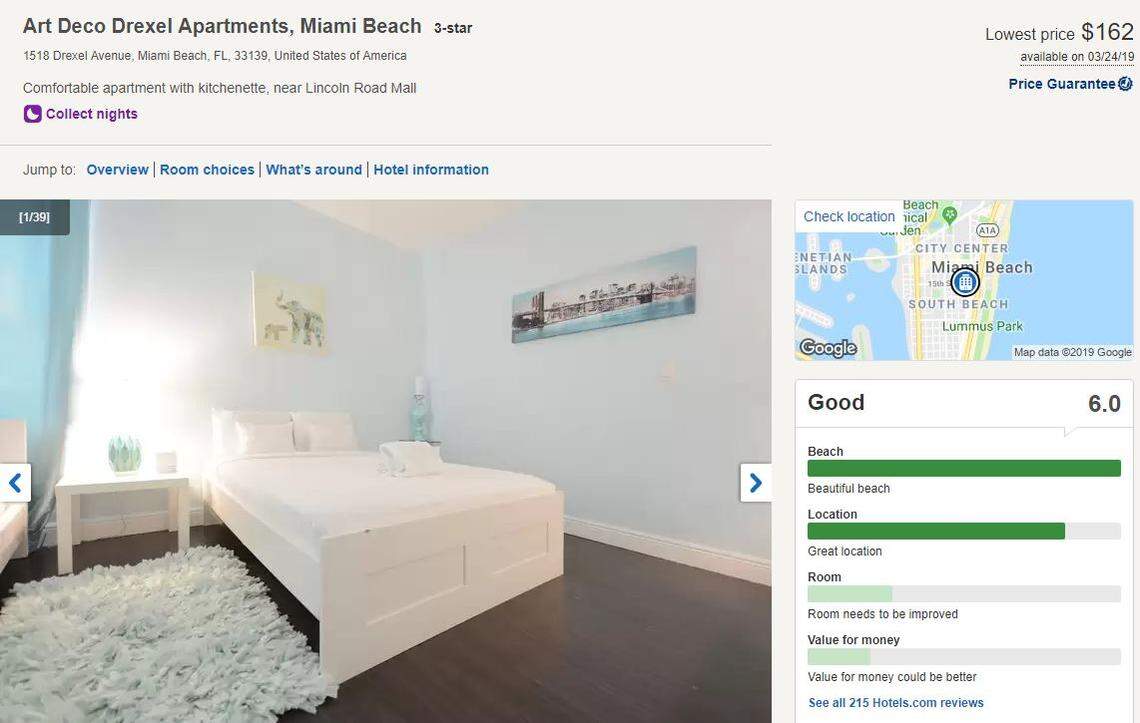 An advertisement for 1518 Drexel Ave. on Hotels.com. It’s illegal to rent apartments in the building short term.