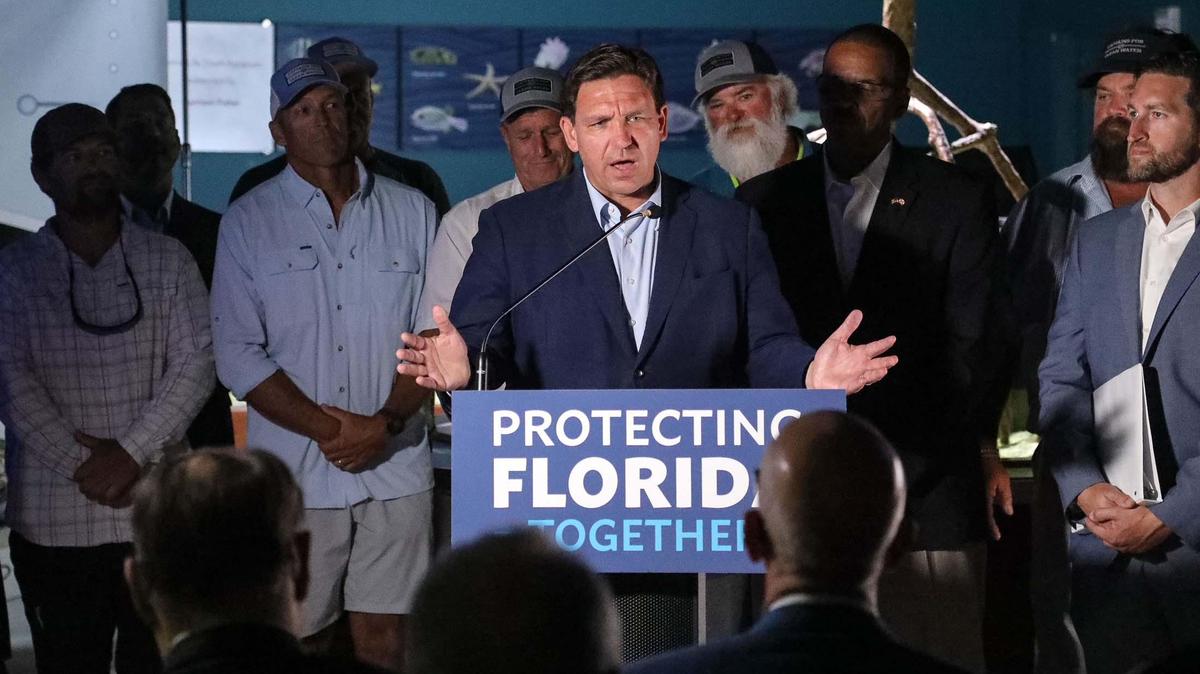 In 2022, Florida Gov. Ron DeSantis holds a press conference at the Cox Science Center and Aquariumto tout the progress that has been made on Everglades restoration projects.