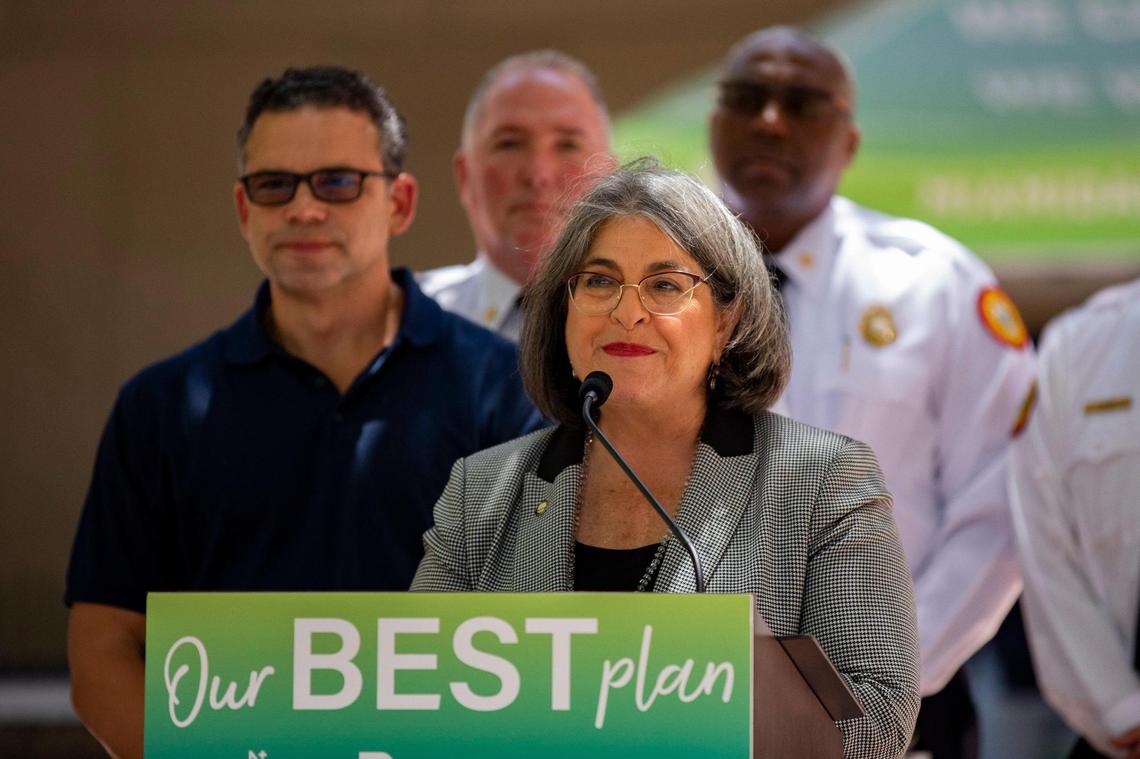 Miami-Dade County Mayor Daniella Levine Cava speaks on behalf of the county and Nomi Health to give COVID-19 testing updates at the Stephen P. Clark Center Nomi Testing Site in Miami on June 16, 2022.