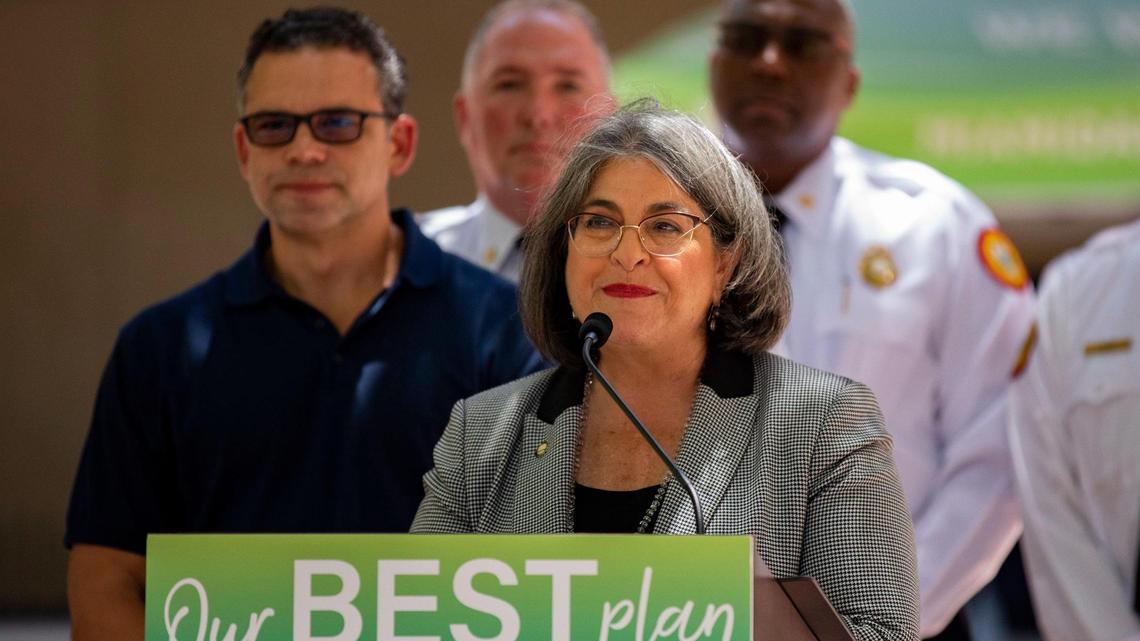 Miami-Dade County Mayor Daniella Levine Cava speaks on behalf of the county and Nomi Health to give COVID-19 testing updates at the Stephen P. Clark Center Nomi Testing Site in Miami, Fla. on June 16, 2022.