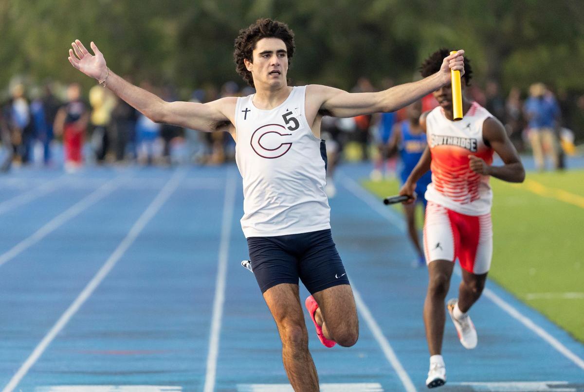 Christopher Columbus High School places first in the boys 4x400 meter relay during the GMAC track and field championships at the Traz Powell Stadium on Thursday, April 11, 2024, in Miami, Fla.
