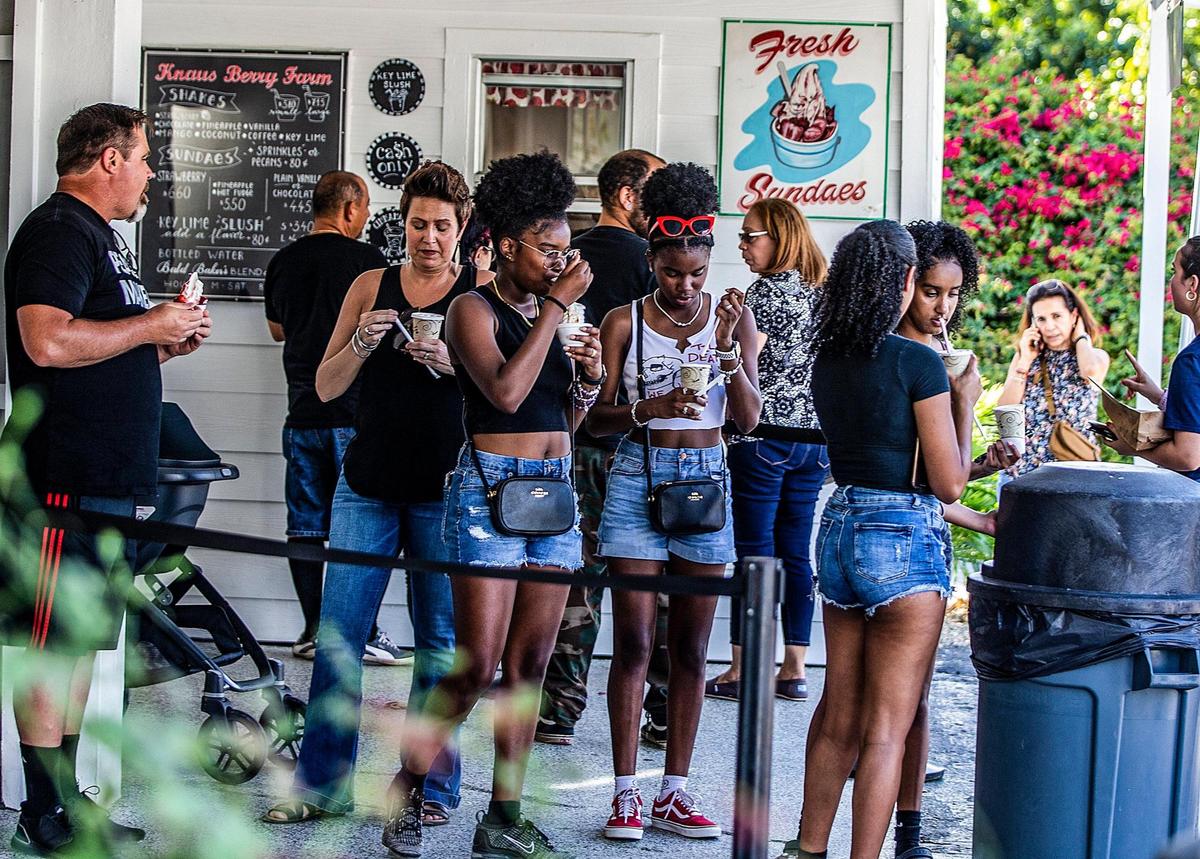 Patrons line up to buy milkshakes at Knaus Berry Farm in Homestead in February of 2023.