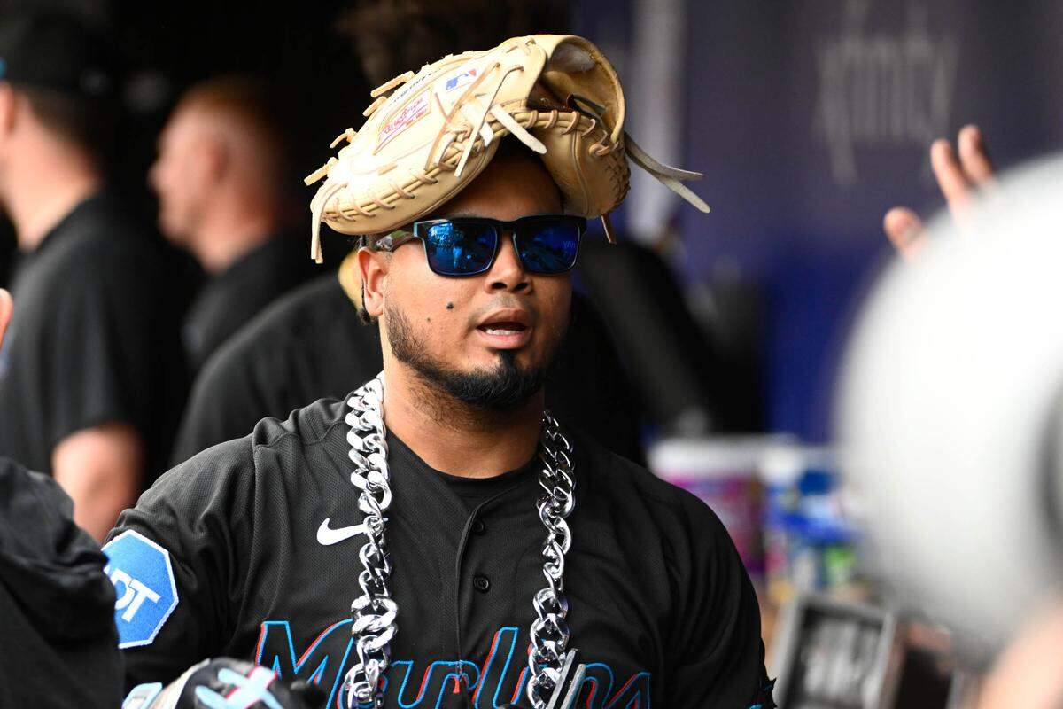 Jun 16, 2023; Washington, District of Columbia, USA; Miami Marlins second baseman Luis Arraez (3) in the dugout after hitting a two run home run against the Washington Nationals during the second inning at Nationals Park. Mandatory Credit: Brad Mills-USA TODAY Sports
