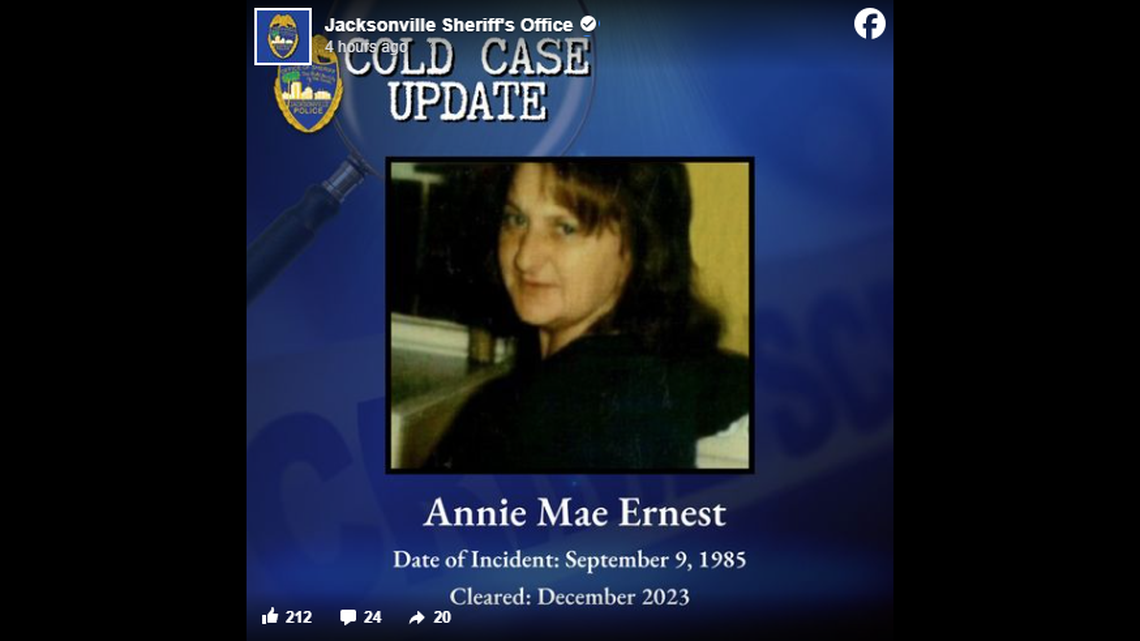 Annie Mae Ernest, 38, was found dead in an open area of a Florida neighborhood block in 1985, deputies said. Her suspected killer was recently identified.
