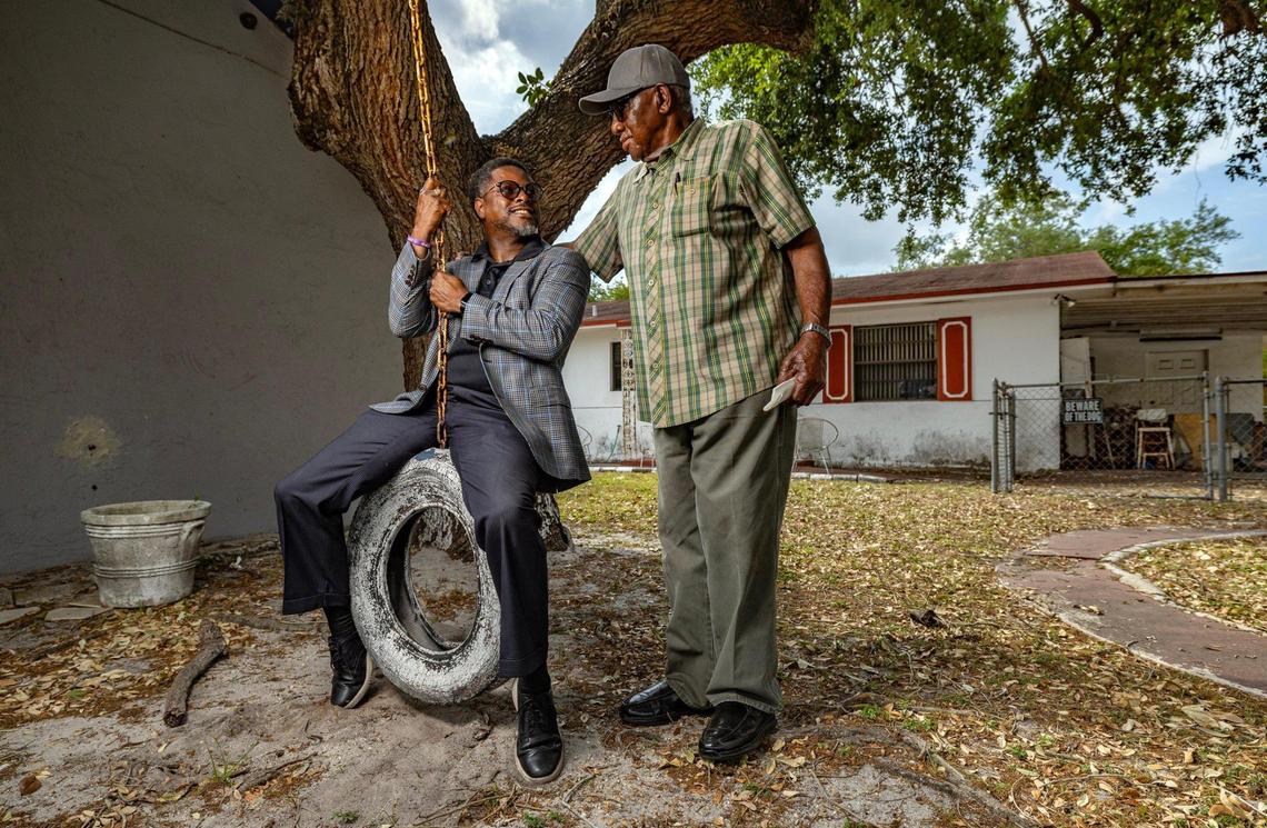 Danny Felton sits on the tire swing he played on as a child while visiting his father, Willie Felton Sr., in Miami on Tuesday, March 25, 2025. His father built the home and has owned it since the 1970s.