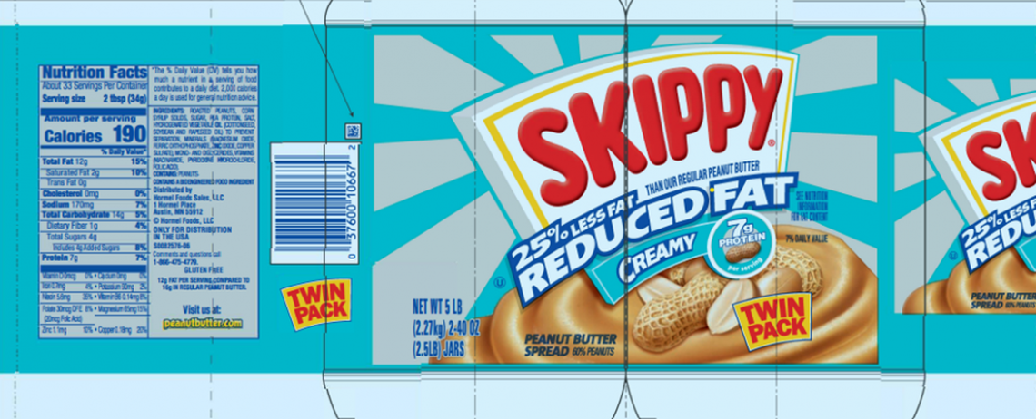 The label for Skippy Reduced Fat Creamy peanut butter sold in Twin Packs