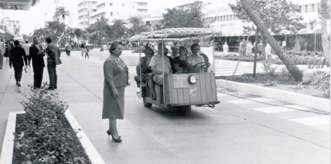 A tram on Lincoln Road Mall in the eary 1960s. The tram service ran along the pedstrian mall from Washington Avenue to Alton Road.