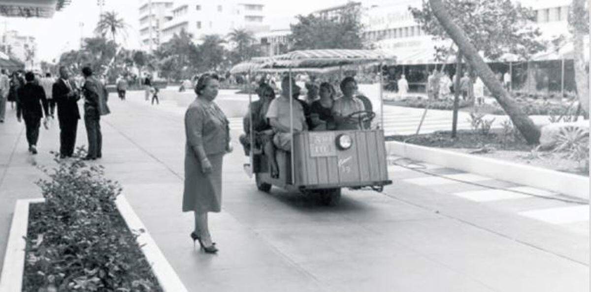 A tram on Lincoln Road Mall in the eary 1960s. The tram service ran along the pedestrian mall from Washington Avenue to Alton Road.