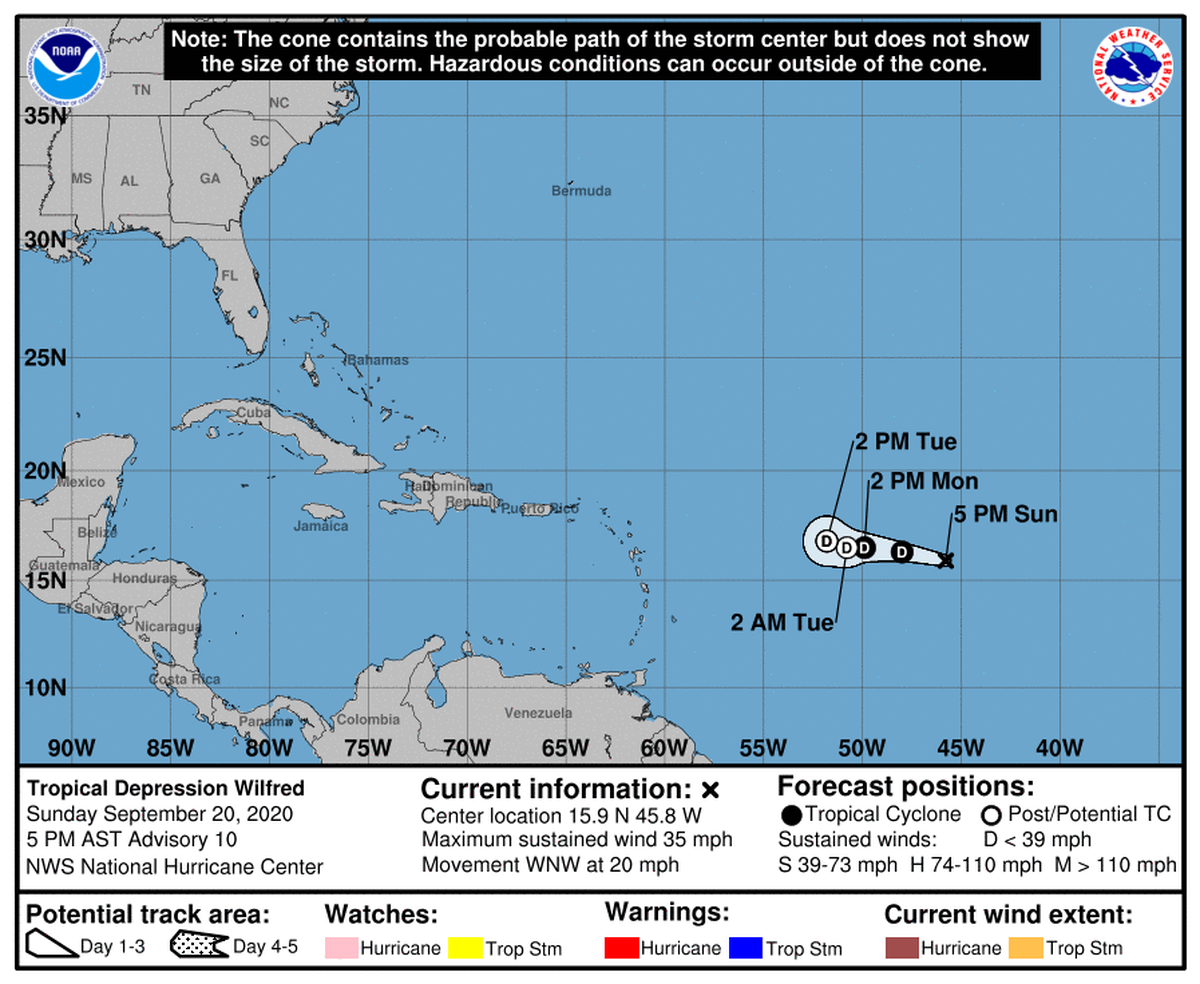 Tropical Depression Wilfred at the 5 p.m. Sunday, Sept. 20, 2020, advisory.