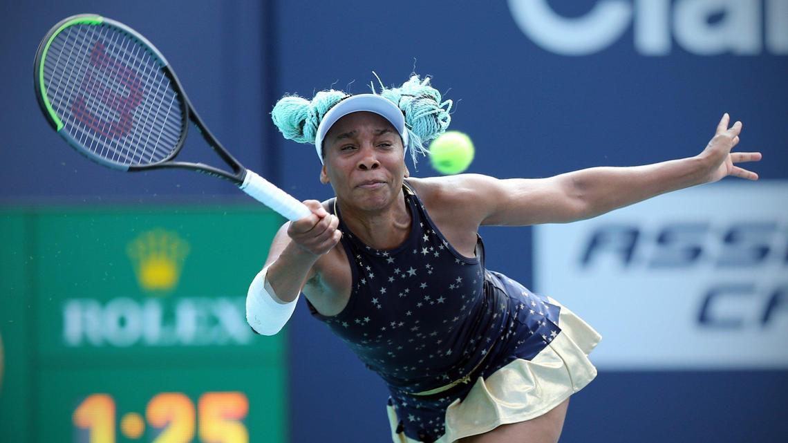 Venus Williams hits the ball during match against Zarina Diyas during the Miami Open at Hard Rock Stadium in Miami Gardens on Tuesday, March 23, 2021.