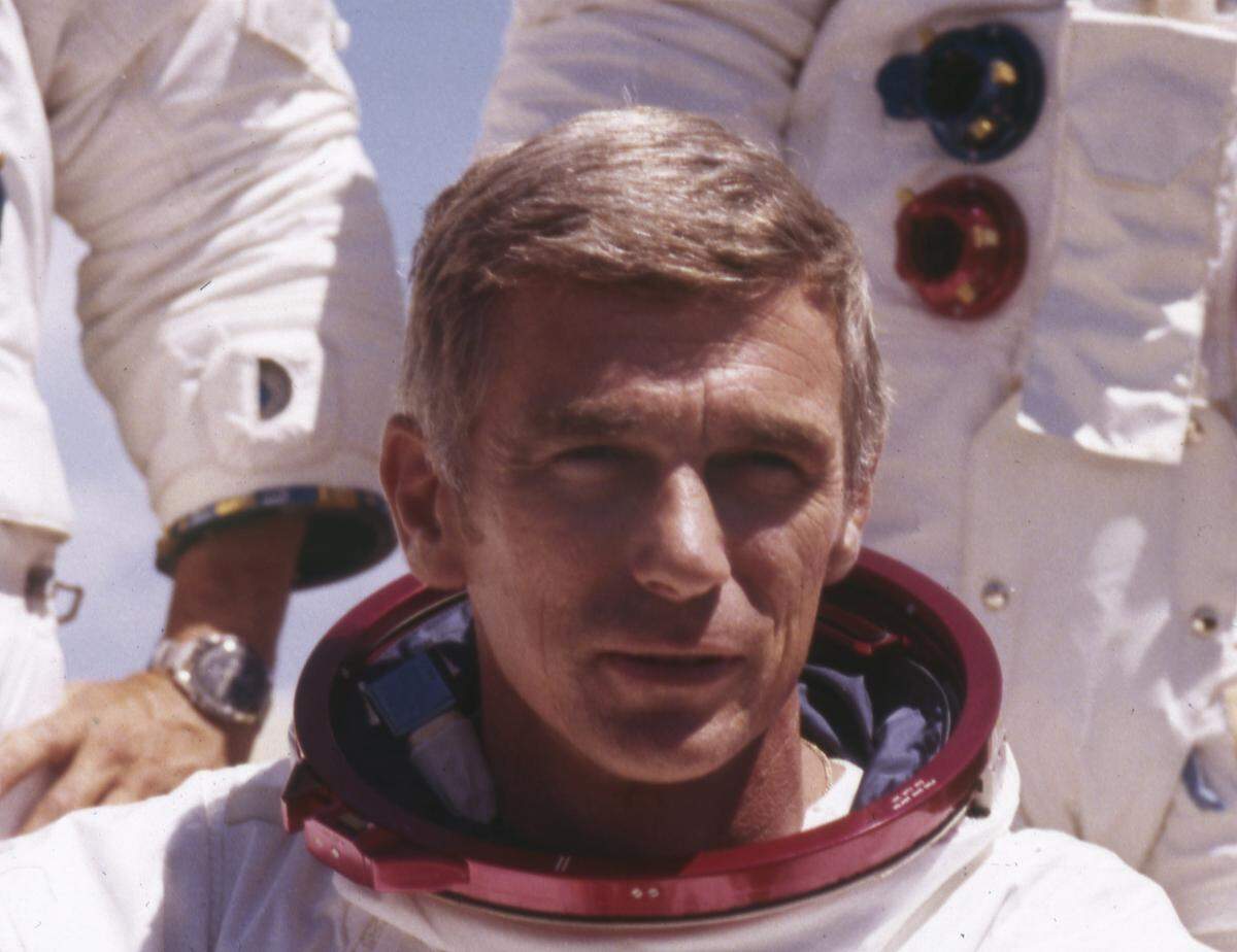 U.S. Navy commander and astronaut for Apollo 17, Eugene Cernan, is pictured in his space suit. (NASA via AP)