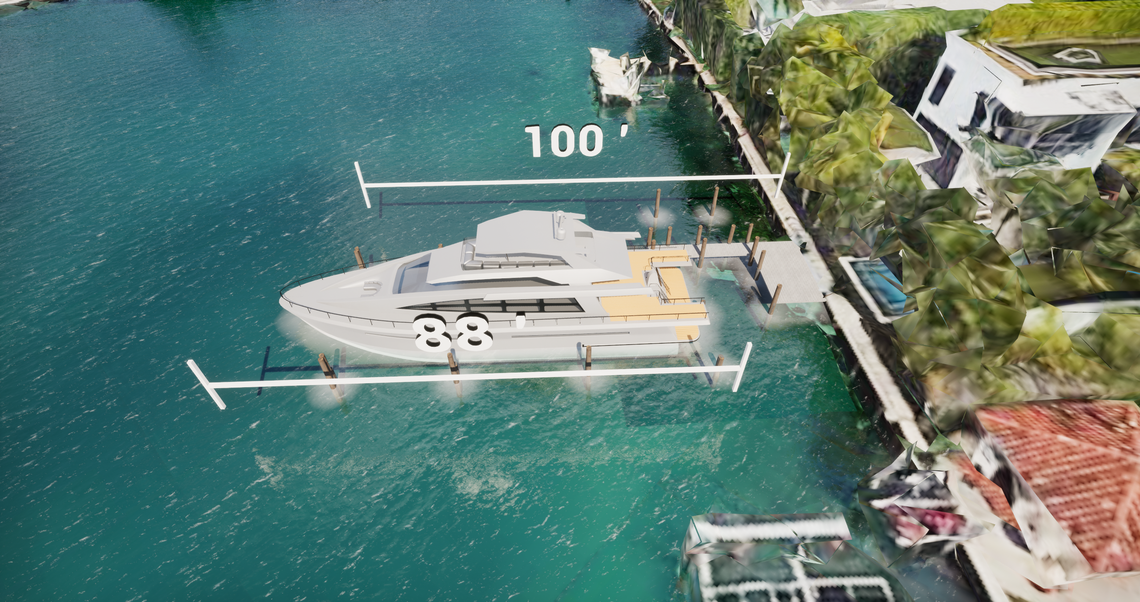 A rendering of the superyacht shows how it would be parked perpendicular to the home’s seawall.