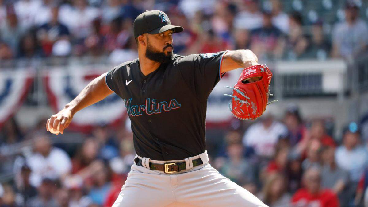 Miami Marlins starting pitcher Sandy Alcantara delivers in the first inning against the Atlanta Braves in a baseball game on Saturday, May 28, 2022, in Atlanta. (AP Photo/Bob Andres)